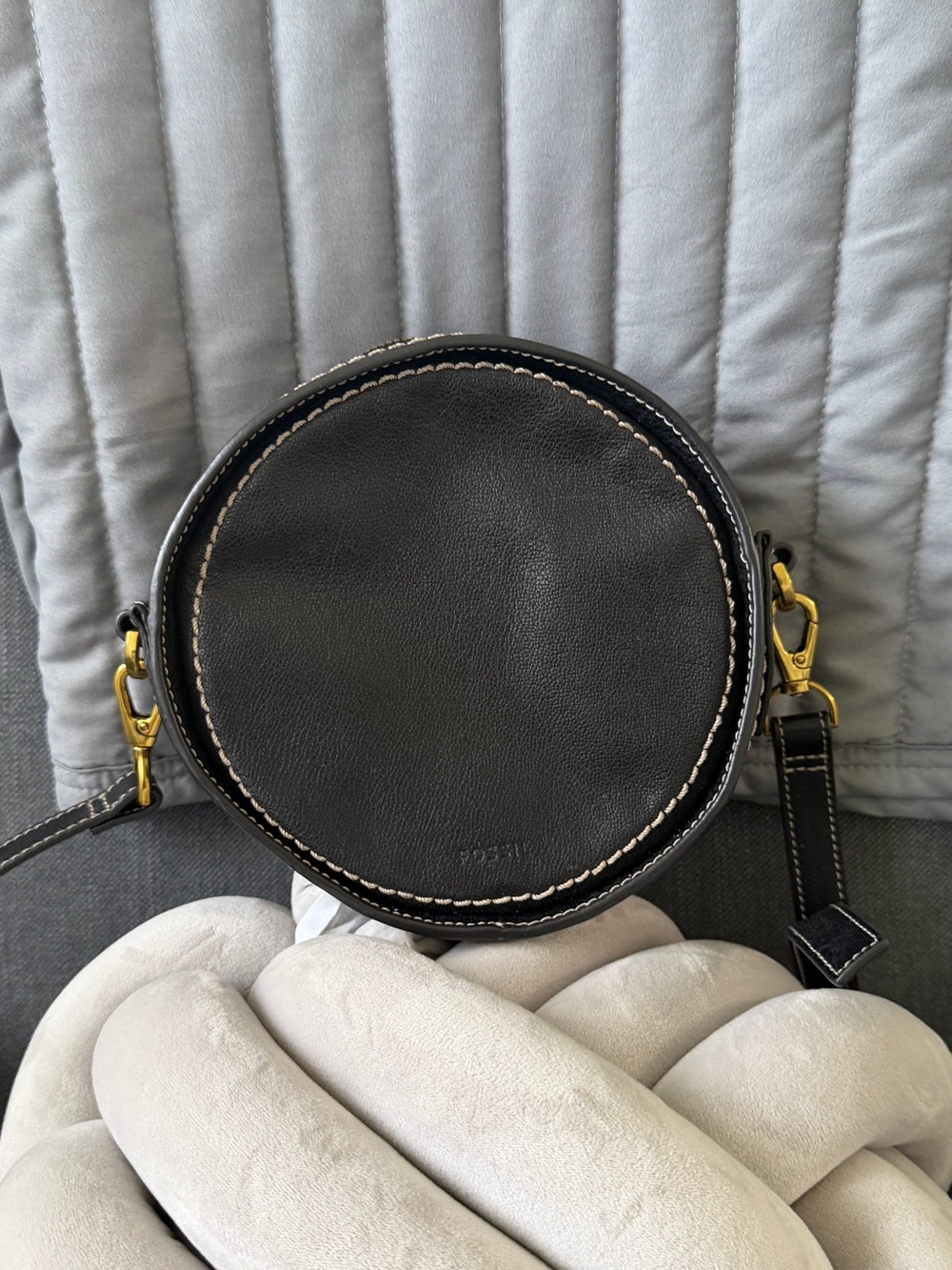Fossil Black Round Leather Crossbody with Contrast Stitching & Gold Hardware
